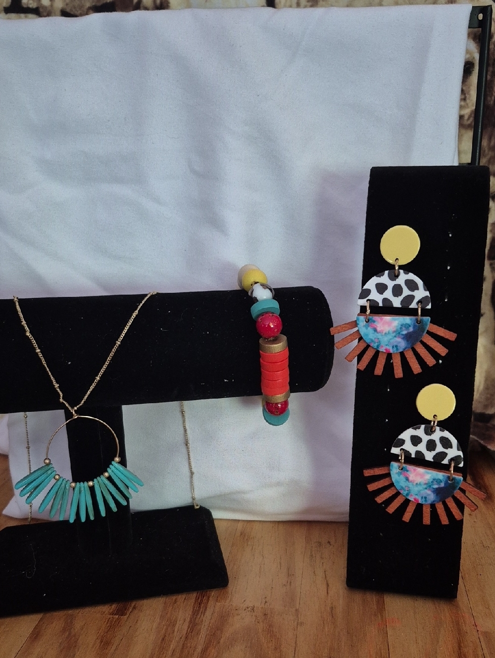 Multicolor Statement Earrings, Bracelet, And Necklace
